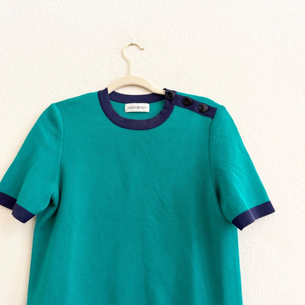 Yves Saint Laurent Vintage Knit Top Green Navy Blue Shoulder Button Short Sleeve - Picture 3 of 9